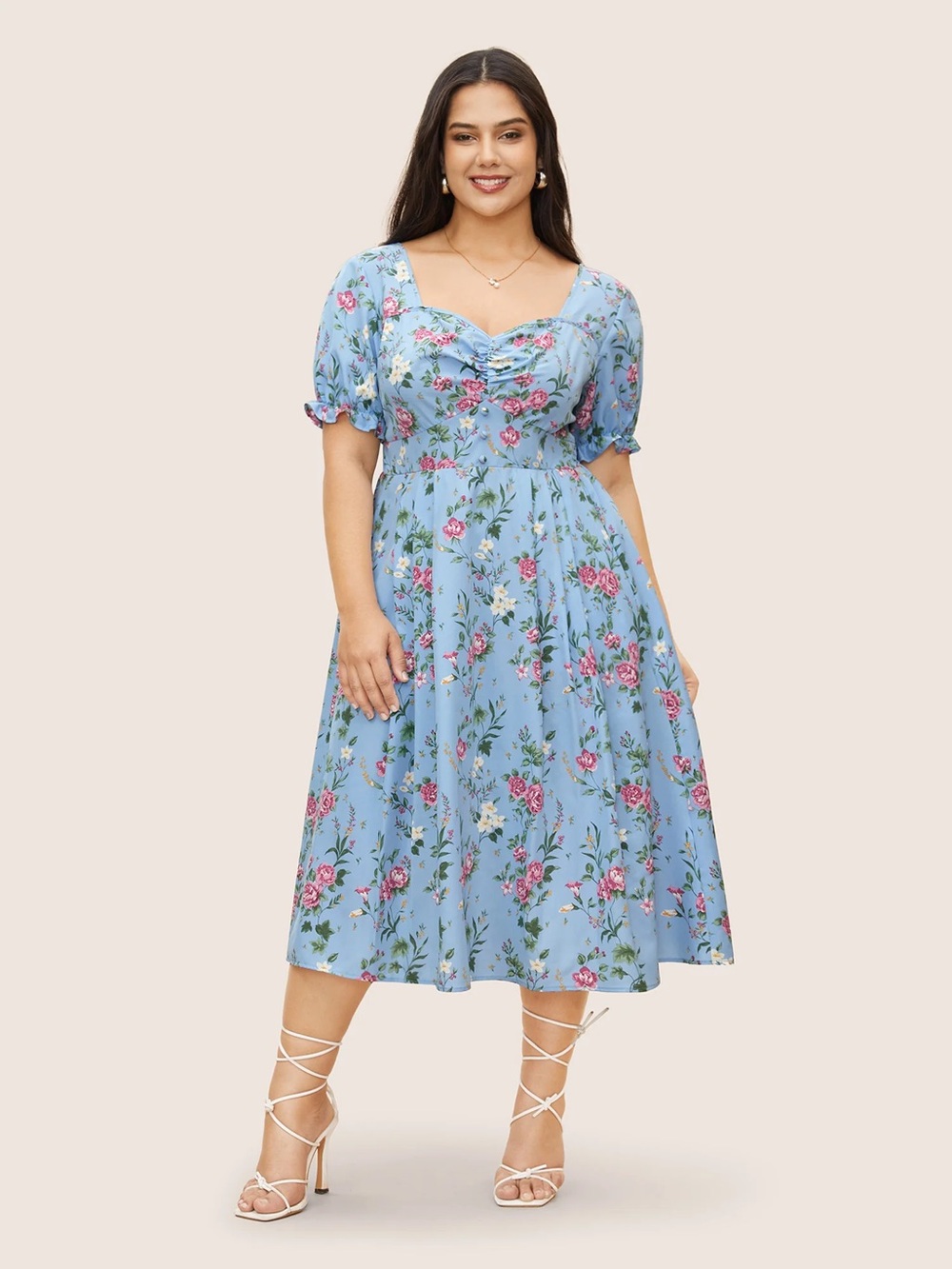 BloomChic Blue Floral Sweetheart Midi Dress